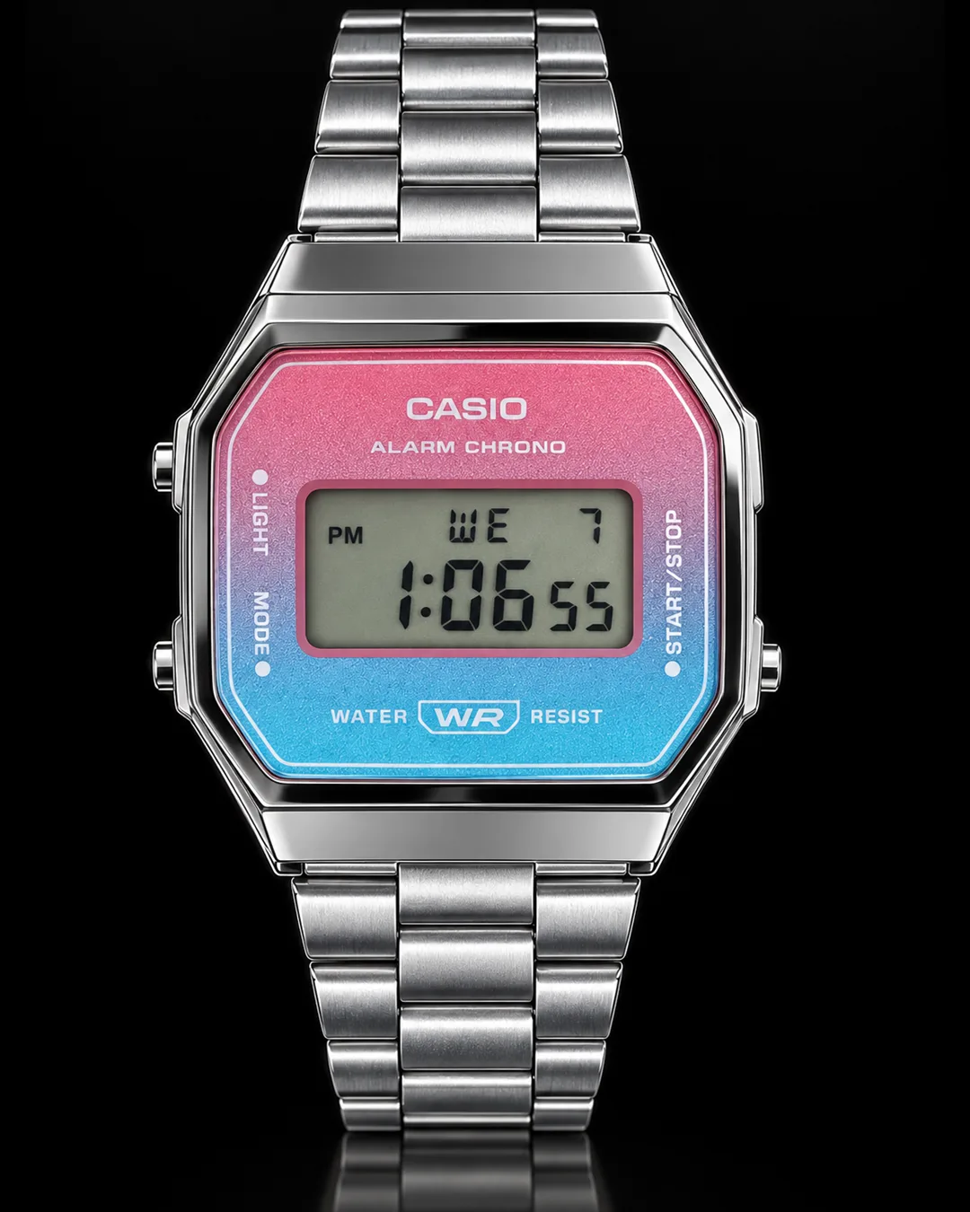 Casio Digital plateado con degradado rosa y azul
