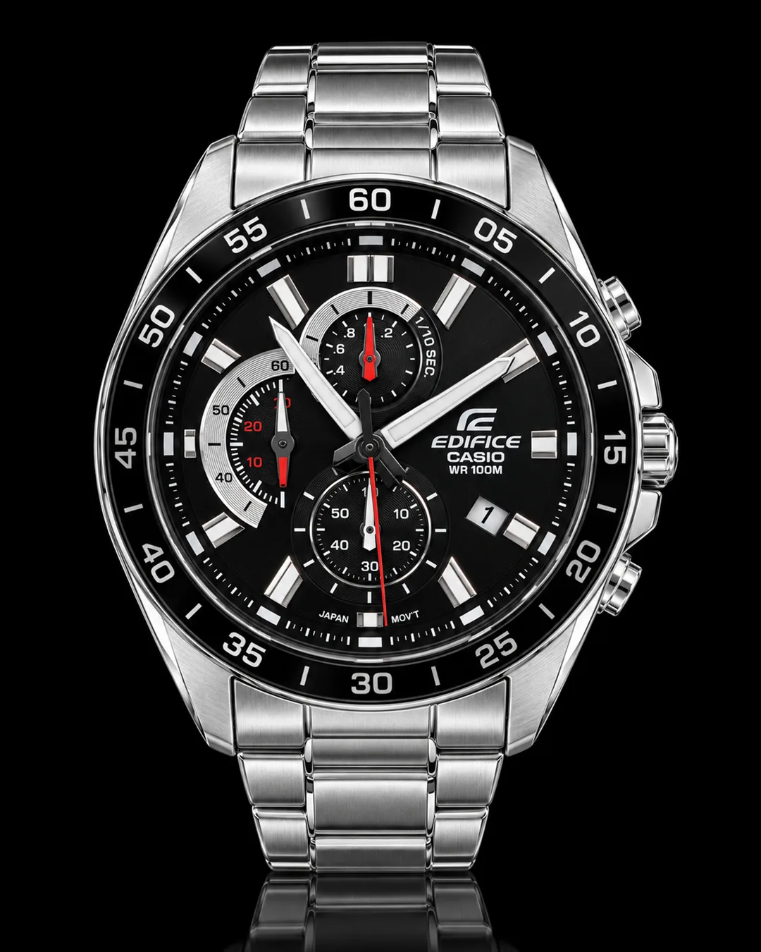Casio Edifice · Negro con arcos plateados y rojo