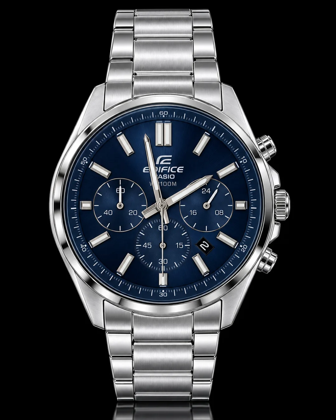 Casio Edifice · Azul clásico y brazalete plateado