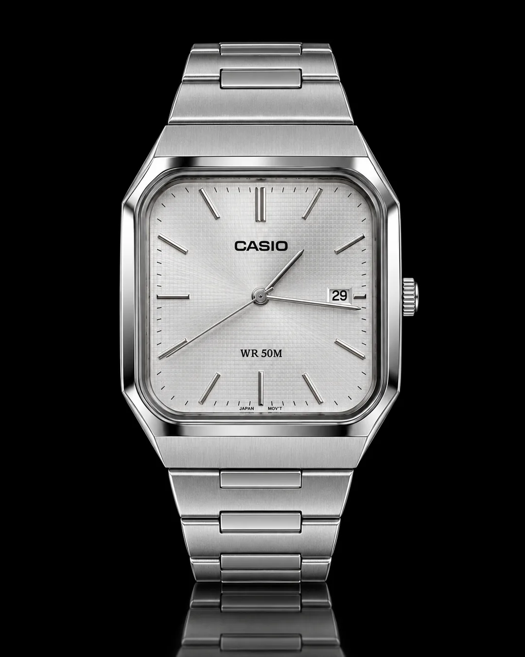 Casio · Rectangular plateado con esfera blanca